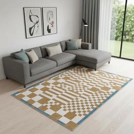 Blue And Brown Geometric Washable Area Rug Photo 1