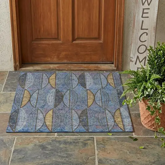 Blue And Brown Geometric Washable Indoor Outdoor Area Rug Photo 1