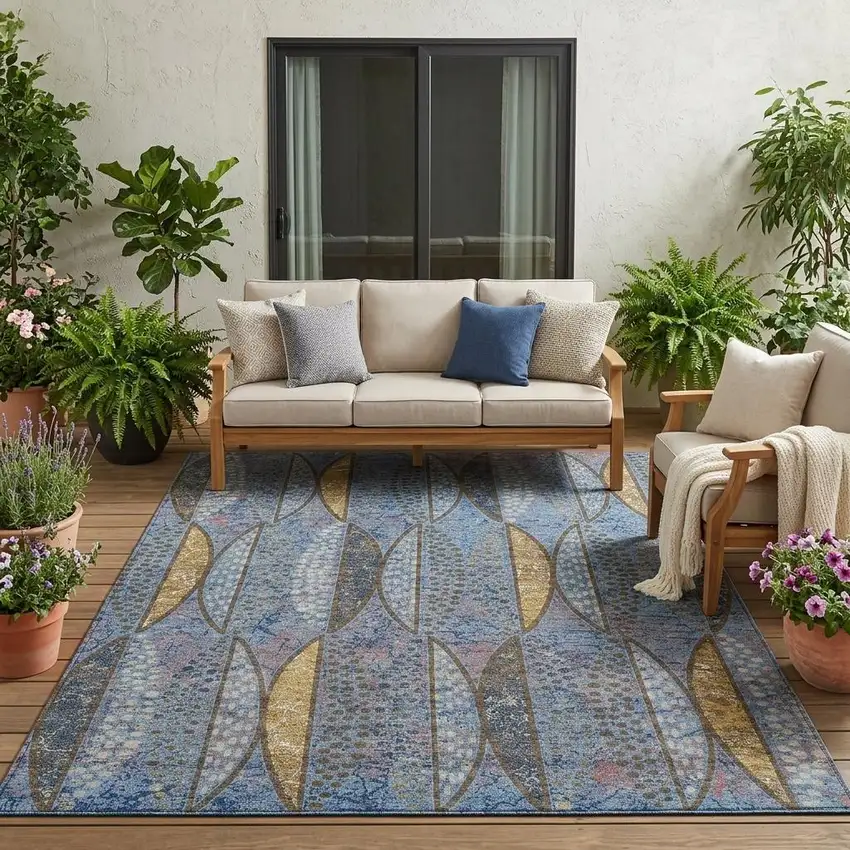 Blue And Brown Geometric Washable Indoor Outdoor Area Rug Photo 1