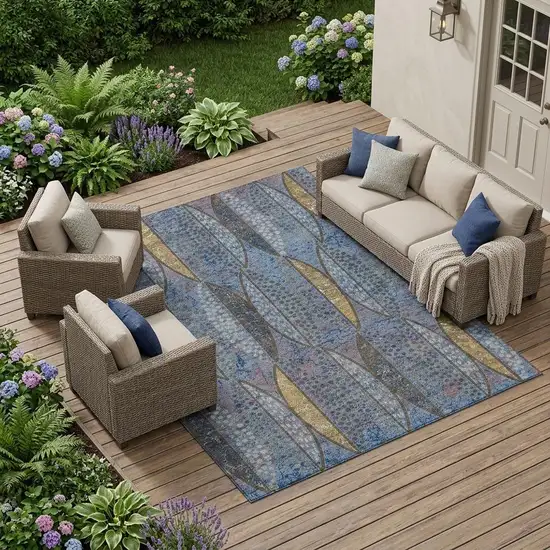 Blue And Brown Geometric Washable Indoor Outdoor Area Rug Photo 1