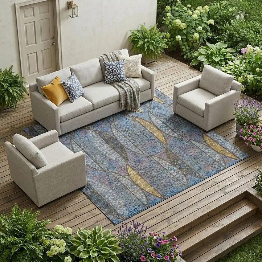 Blue And Brown Geometric Washable Indoor Outdoor Area Rug Photo 1