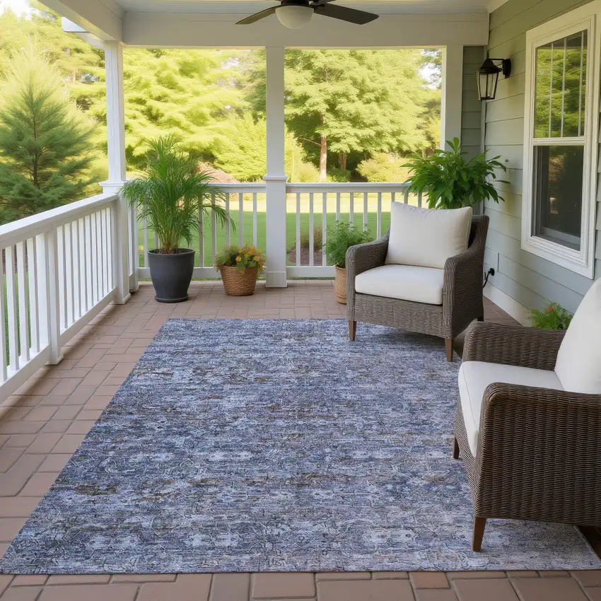 Blue And Brown Ikat Washable Indoor Outdoor Area Rug Photo 9