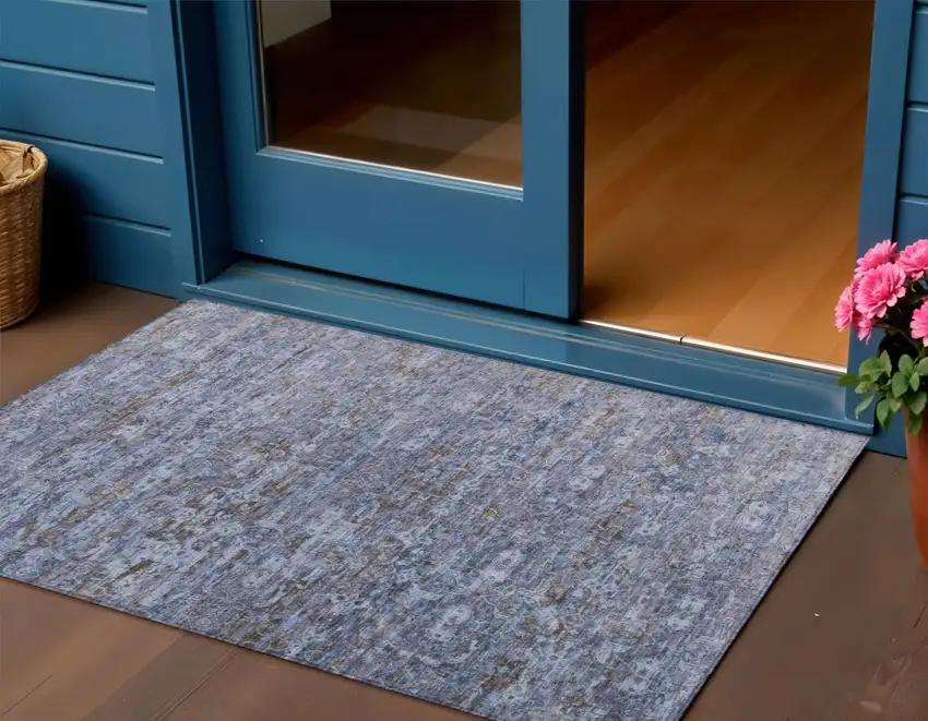 Blue And Brown Ikat Washable Indoor Outdoor Area Rug Photo 1