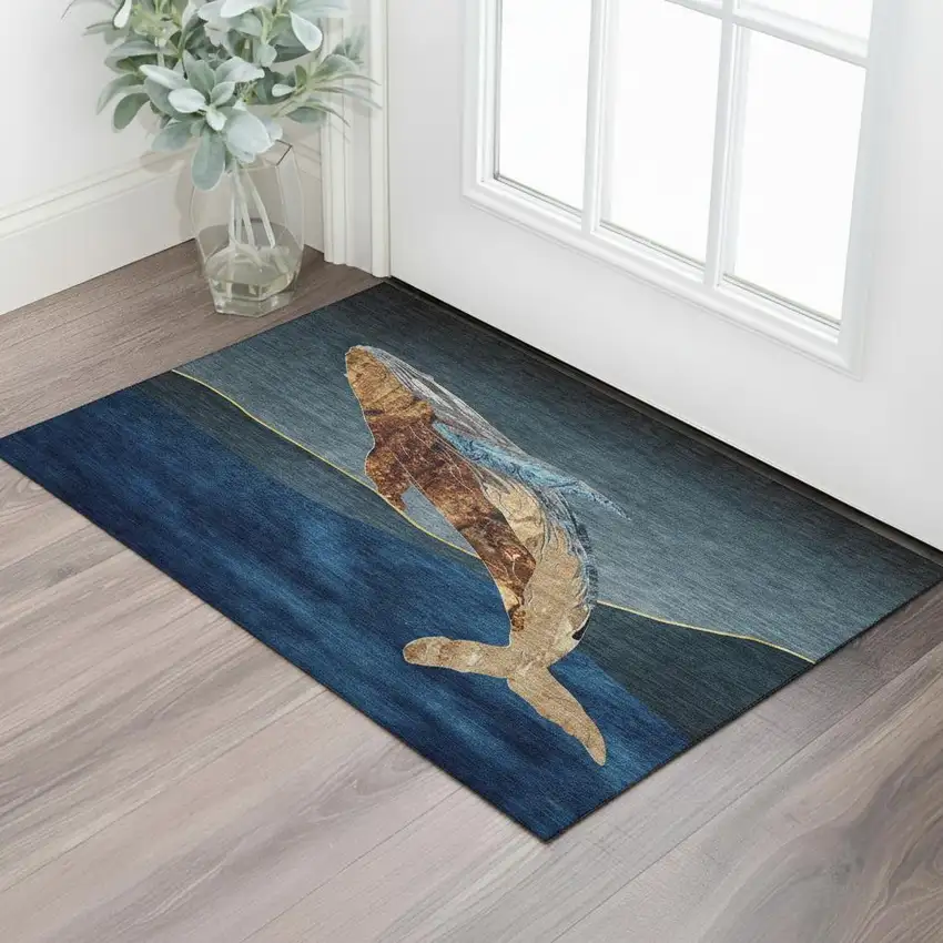 Blue And Brown Nautical Washable Area Rug With UV Protection Photo 2