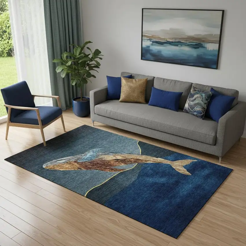 Blue And Brown Nautical Washable Area Rug With UV Protection Photo 2
