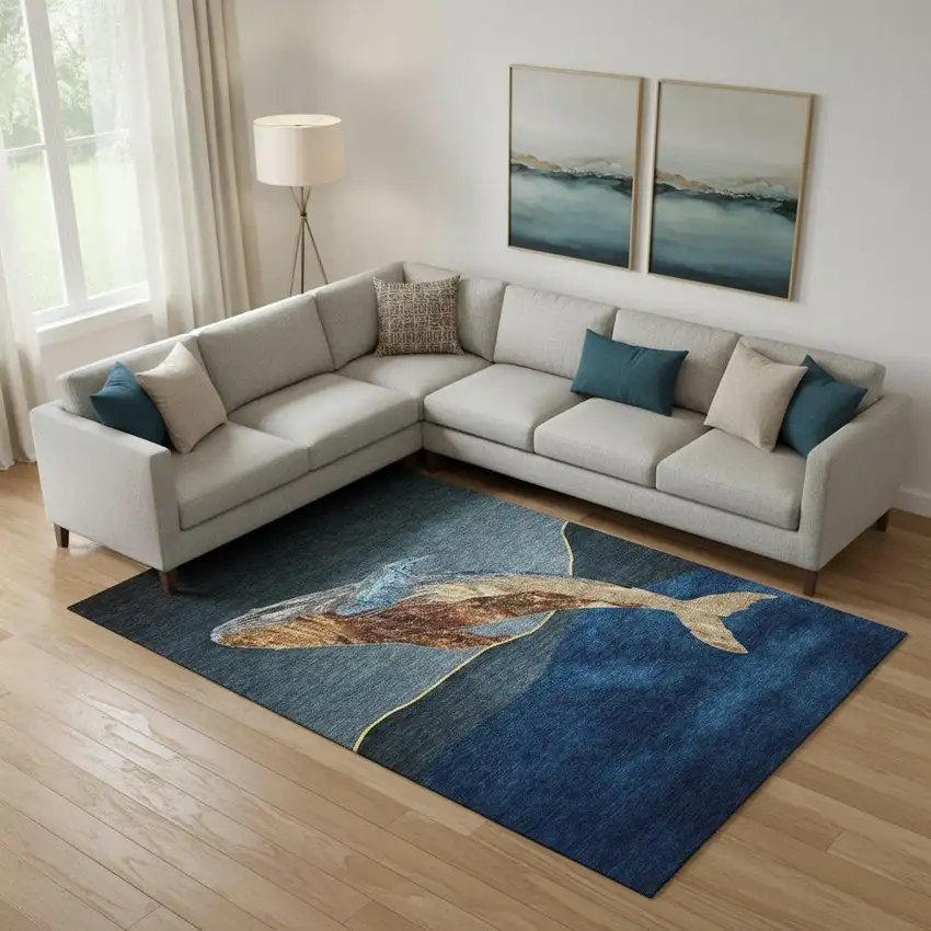 Blue And Brown Nautical Washable Area Rug With UV Protection Photo 2
