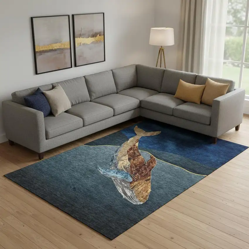 Blue And Brown Nautical Washable Area Rug With UV Protection Photo 2