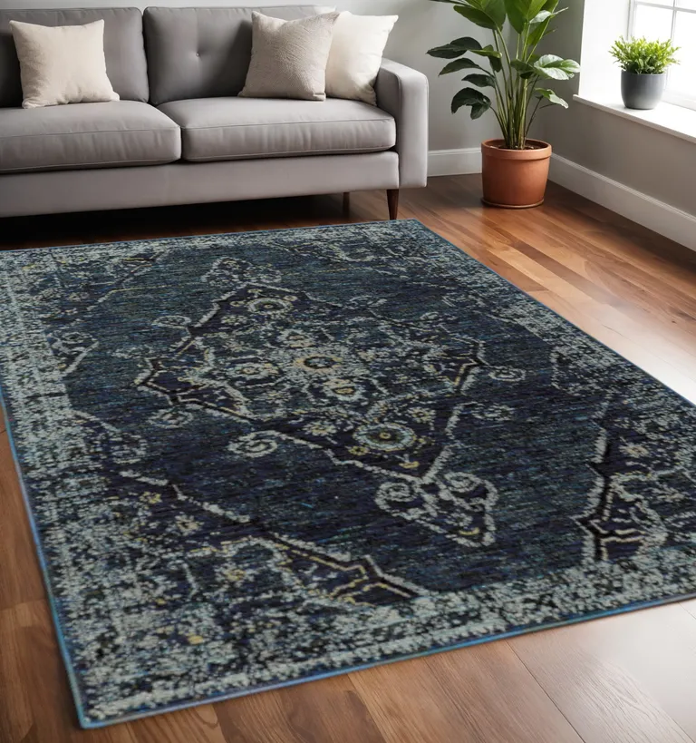 Blue And Brown Oriental Power Loom Stain Resistant Area Rug Photo 1