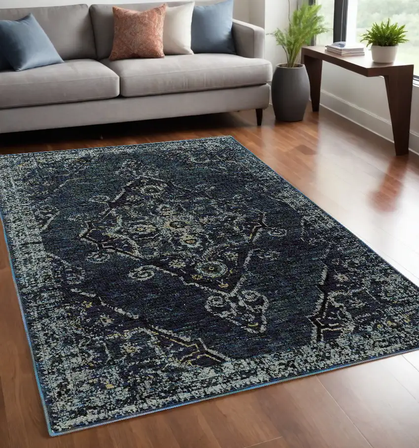 Blue and Black Oriental Power Loom Area Rug Photo 1