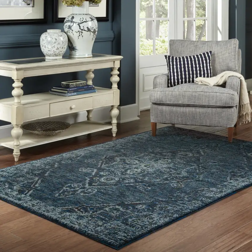 Blue and Black Oriental Power Loom Area Rug Photo 5