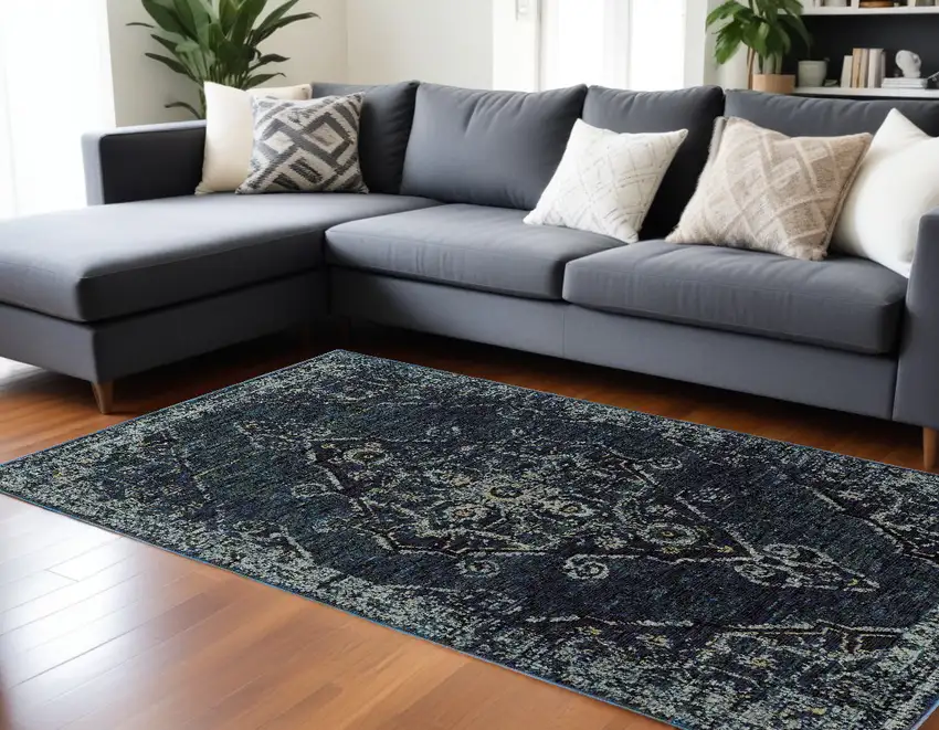 Blue and Black Oriental Power Loom Area Rug Photo 1