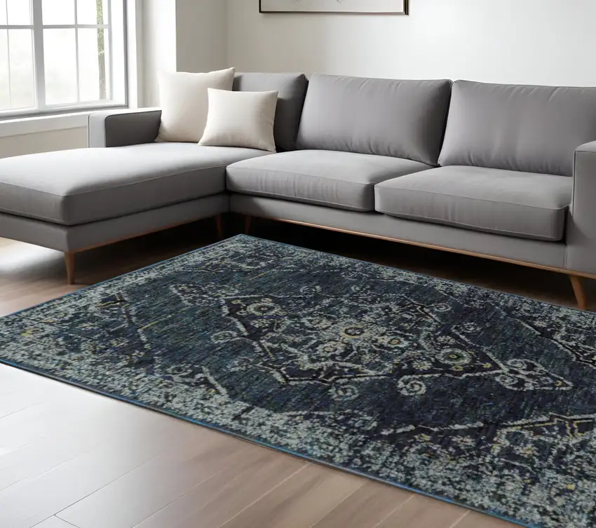 Blue and Black Oriental Power Loom Area Rug Photo 1