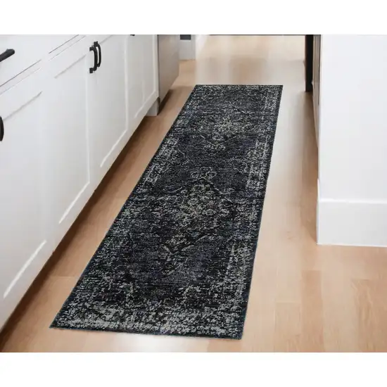 Blue and Ivory Oriental Power Loom Runner Rug Photo 1