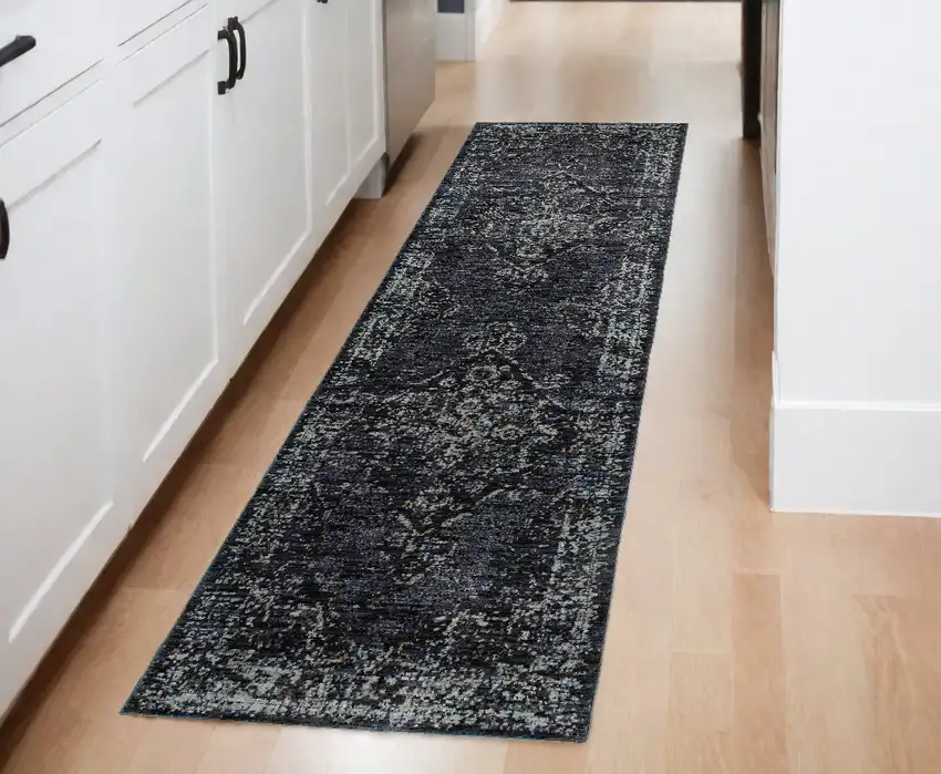 Blue and Ivory Oriental Power Loom Runner Rug Photo 1
