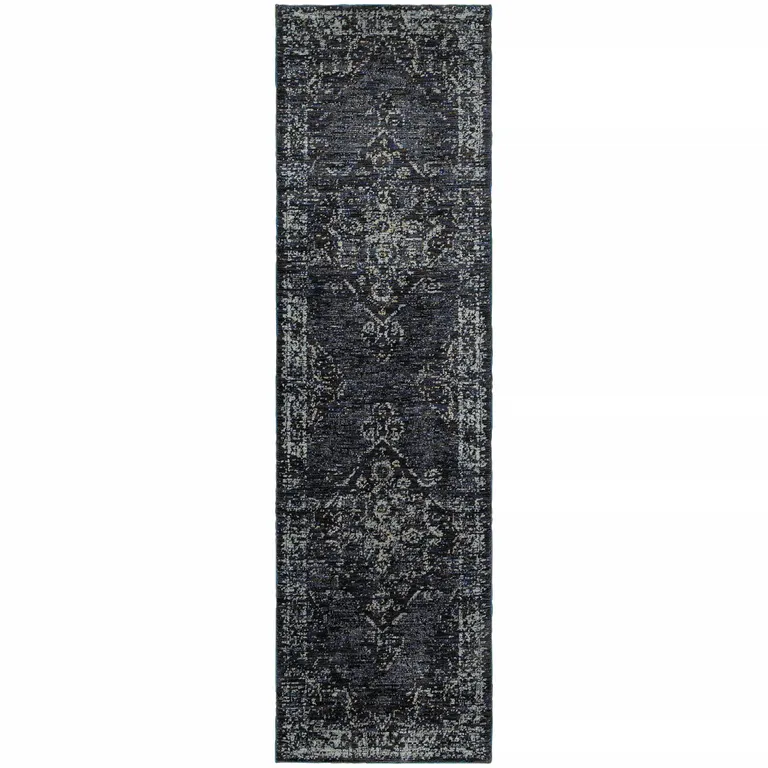 Blue And Brown Oriental Power Loom Stain Resistant Runner Rug Photo 2