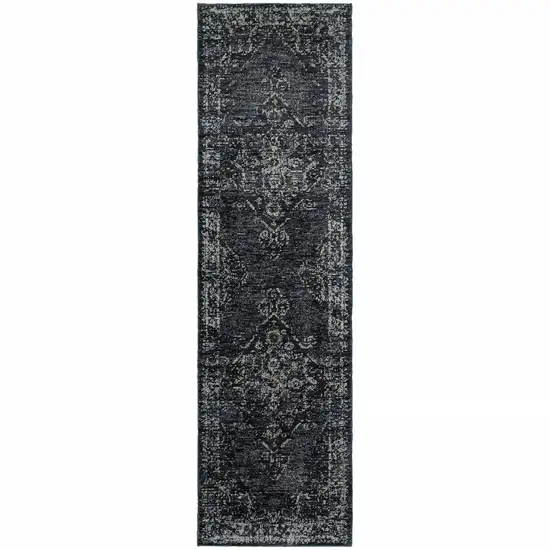 8' Blue And Ivory Oriental Runner Rug Photo 2