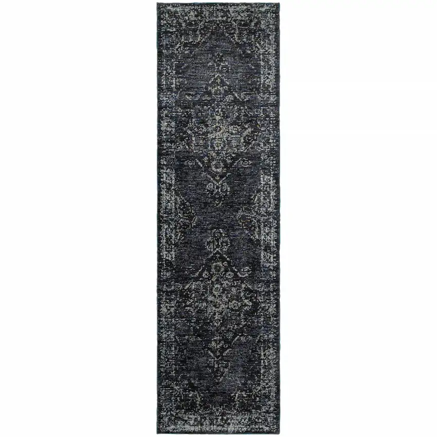 8' Blue And Ivory Oriental Runner Rug Photo 2
