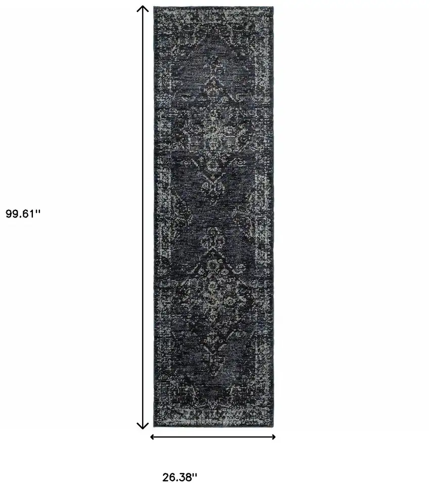 8' Blue And Ivory Oriental Runner Rug Photo 3