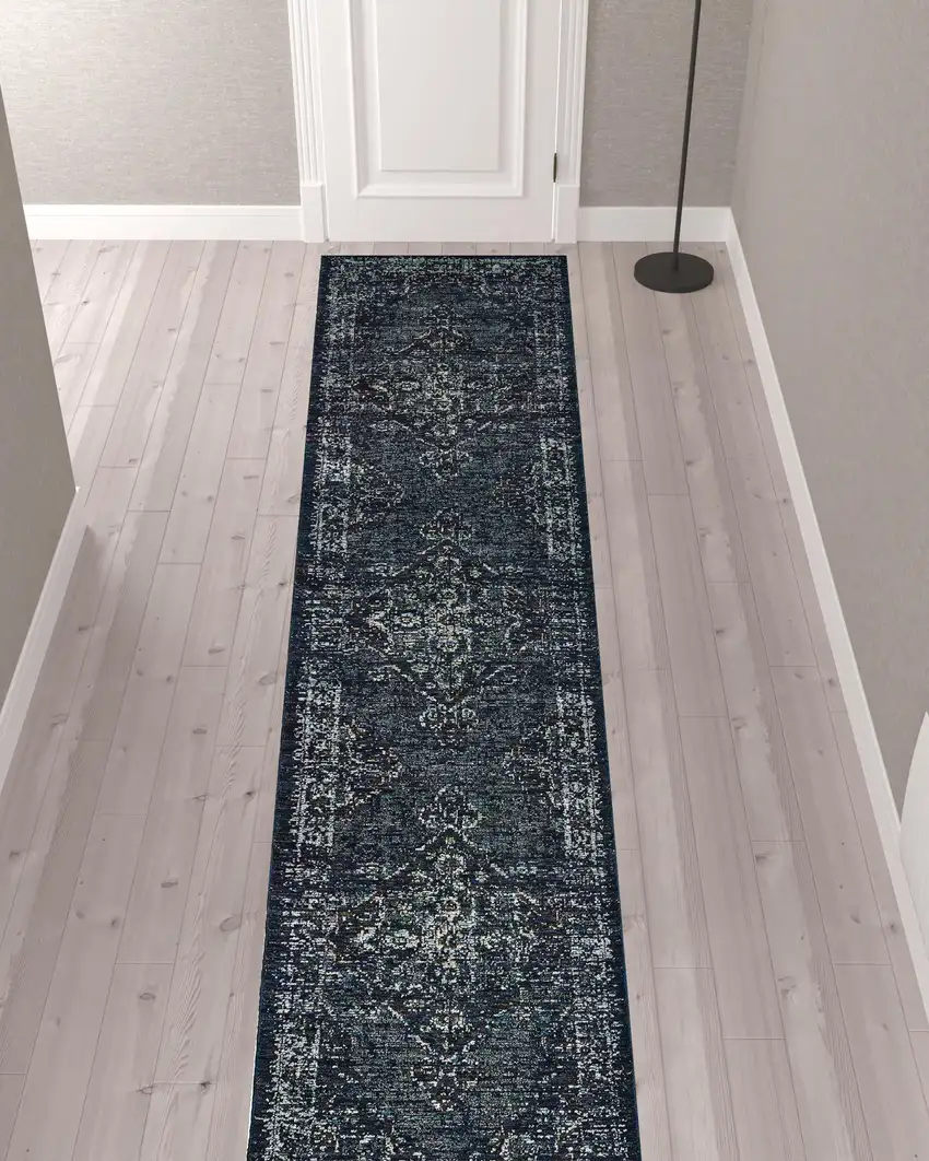Blue And Brown Oriental Power Loom Stain Resistant Runner Rug Photo 2
