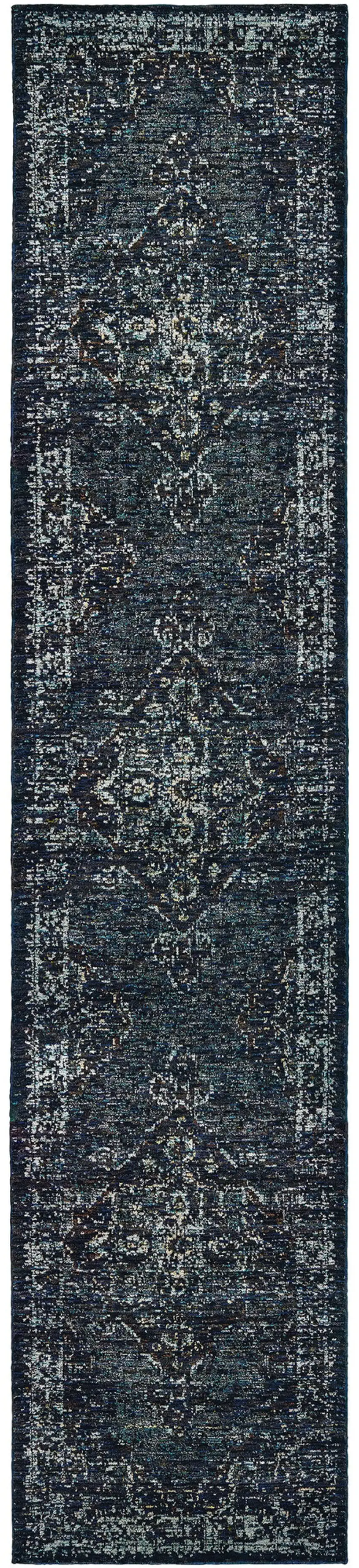 Blue And Brown Oriental Power Loom Stain Resistant Runner Rug Photo 1