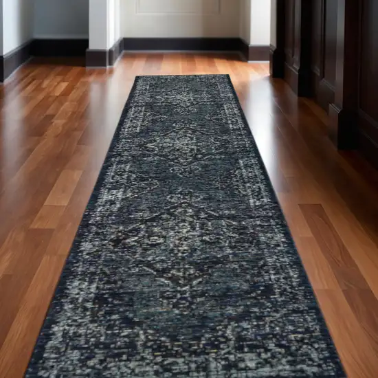 12' Blue And Brown Oriental Runner Rug Photo 1