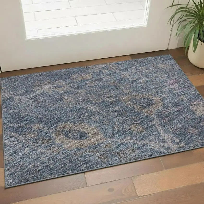 Blue And Brown Oriental Washable Area Rug With UV Protection Photo 2