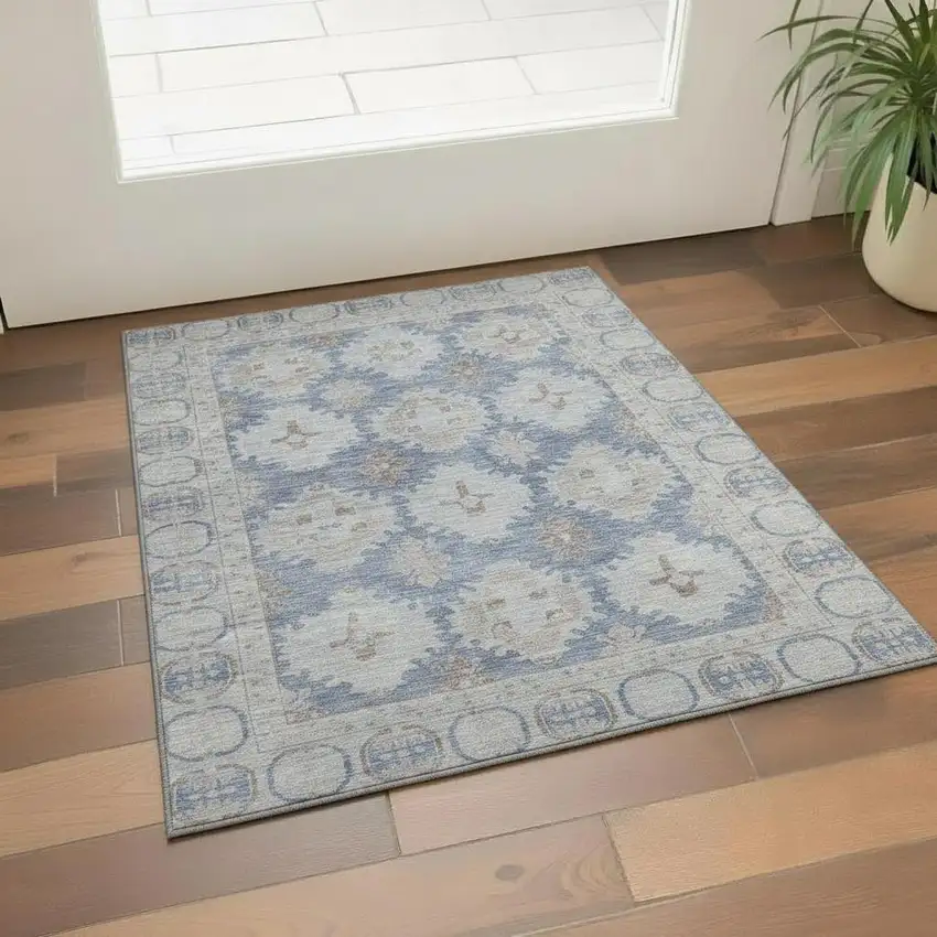 Blue And Brown Oriental Washable Area Rug With UV Protection Photo 2