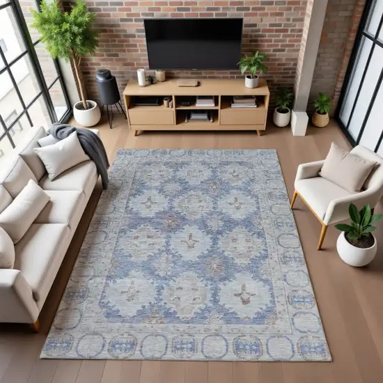 Blue And Brown Oriental Washable Area Rug With UV Protection Photo 5