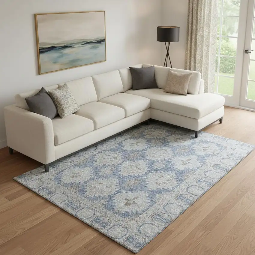 Blue And Brown Oriental Washable Area Rug With UV Protection Photo 2