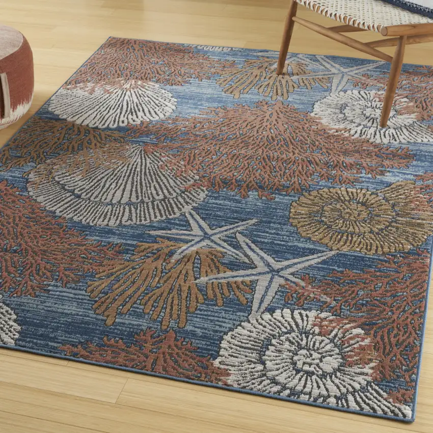 Blue And Brown Seashell and Coral Non Skid Area Rug Photo 3