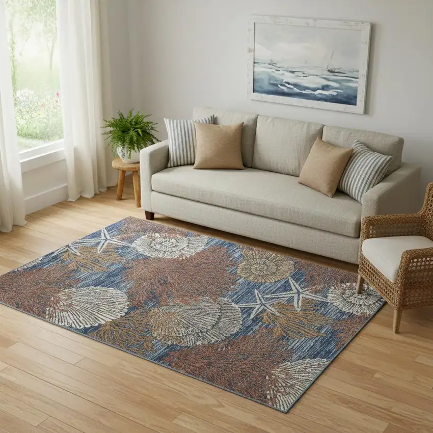 Blue And Brown Seashell and Coral Non Skid Area Rug Photo 1