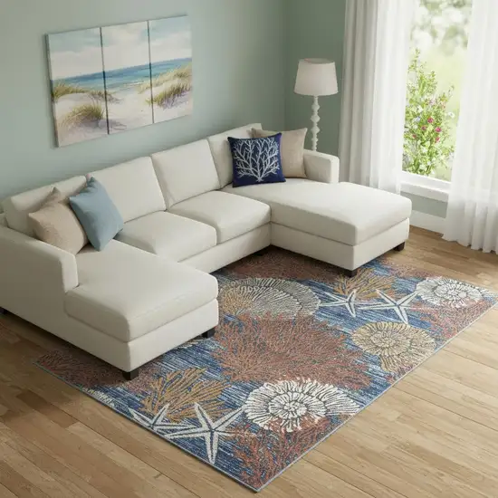 Blue And Brown Seashell and Coral Non Skid Area Rug Photo 1