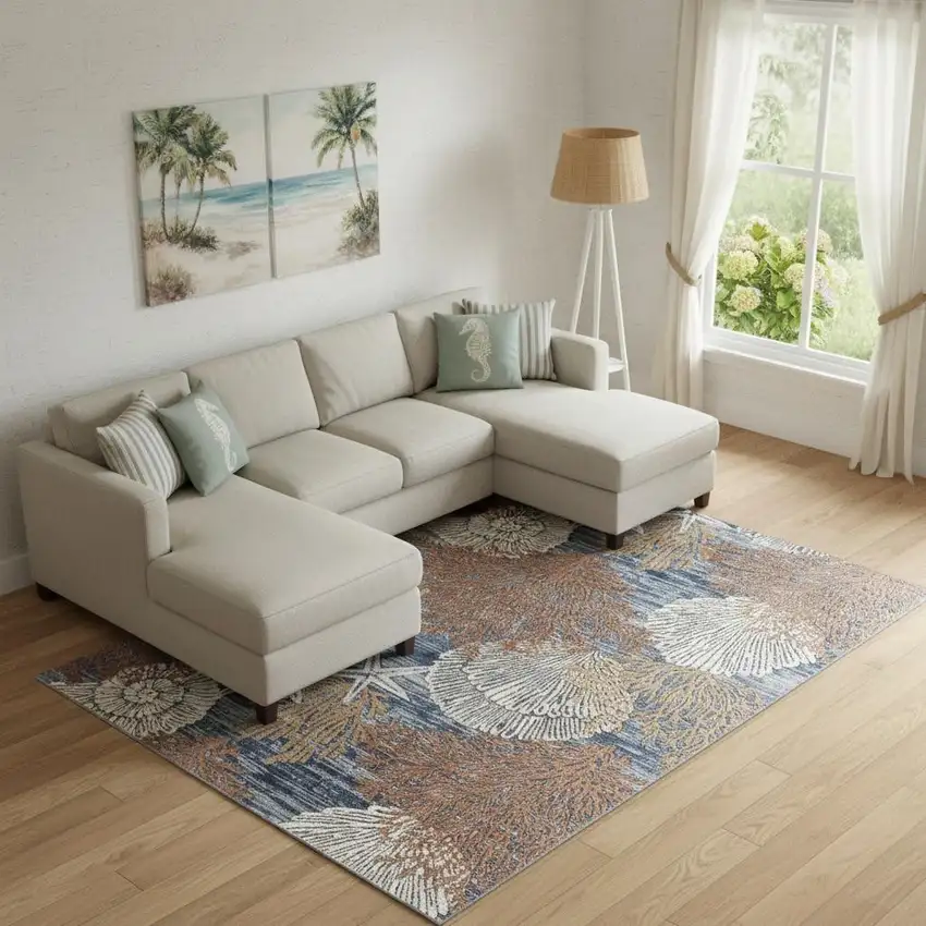 Blue And Brown Seashell and Coral Non Skid Area Rug Photo 1