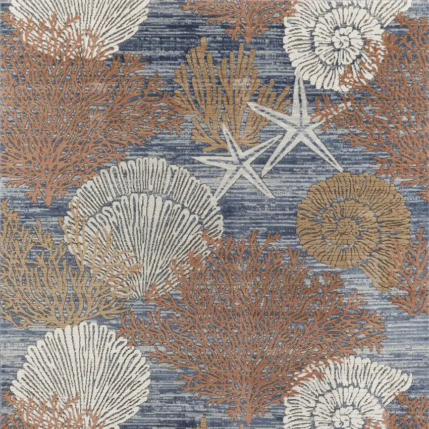 Blue And Brown Seashell and Coral Non Skid Area Rug Photo 6