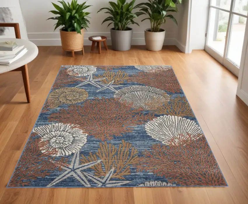 Blue And Brown Seashell and Coral Non Skid Area Rug Photo 1