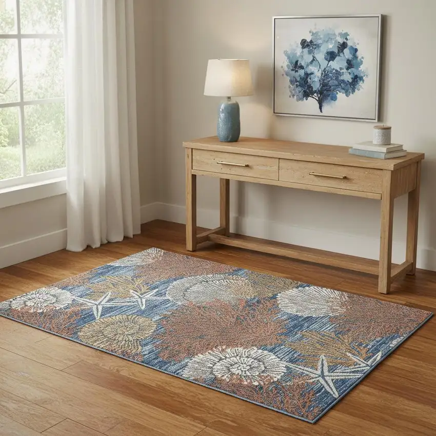 Blue And Brown Seashell and Coral Non Skid Area Rug Photo 1