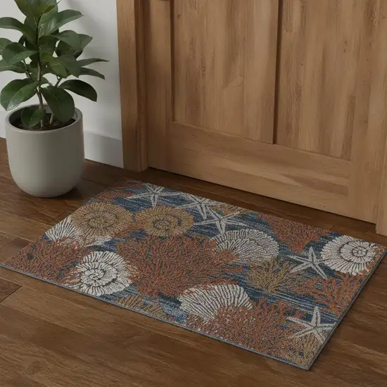 Blue And Brown Seashell and Coral Non Skid Area Rug Photo 1