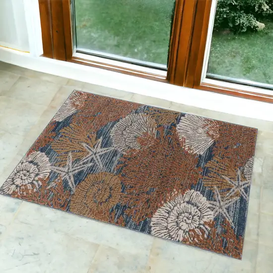 Blue And Brown Seashell and Coral Non Skid Area Rug Photo 1