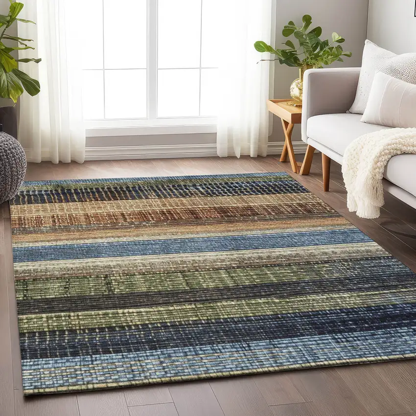 Blue And Brown Striped Washable Indoor Outdoor Area Rug Photo 5