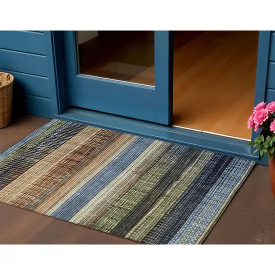 Blue And Brown Striped Washable Indoor Outdoor Area Rug Photo 2
