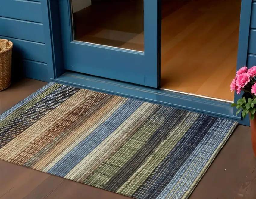 Blue And Brown Striped Washable Indoor Outdoor Area Rug Photo 2