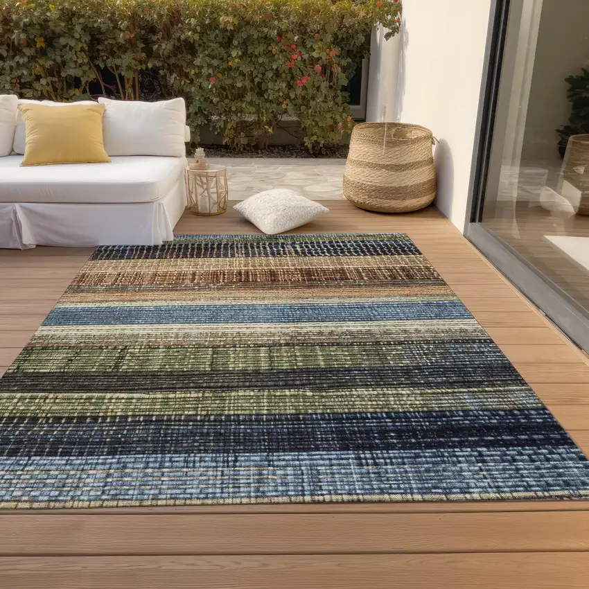 Blue And Brown Striped Washable Indoor Outdoor Area Rug Photo 7