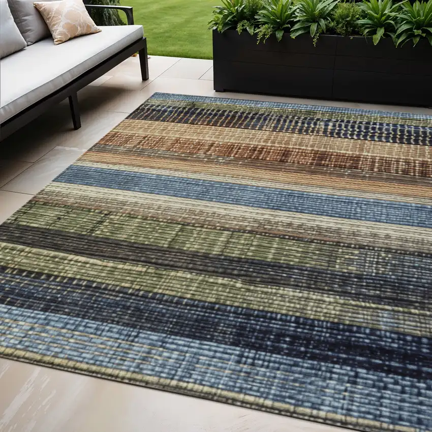 Blue And Brown Striped Washable Indoor Outdoor Area Rug Photo 2