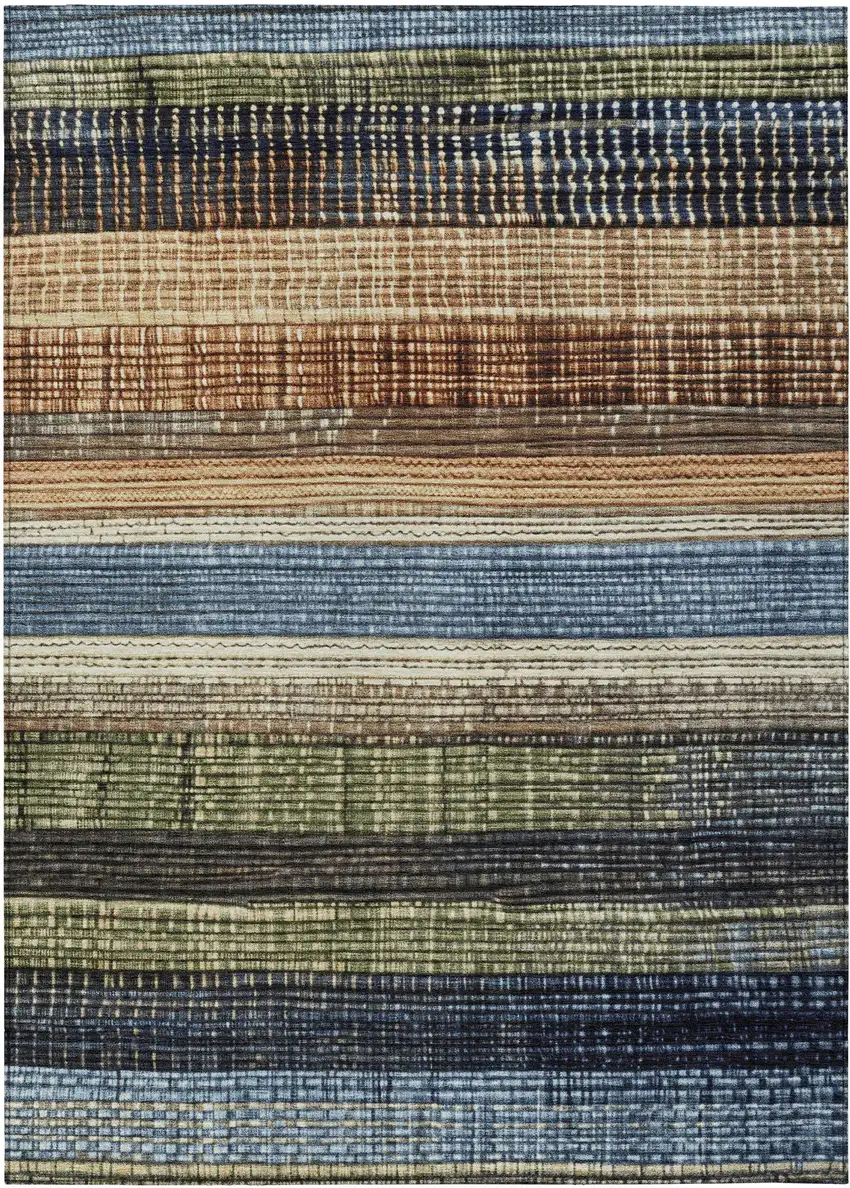 Blue And Brown Striped Washable Indoor Outdoor Area Rug Photo 8