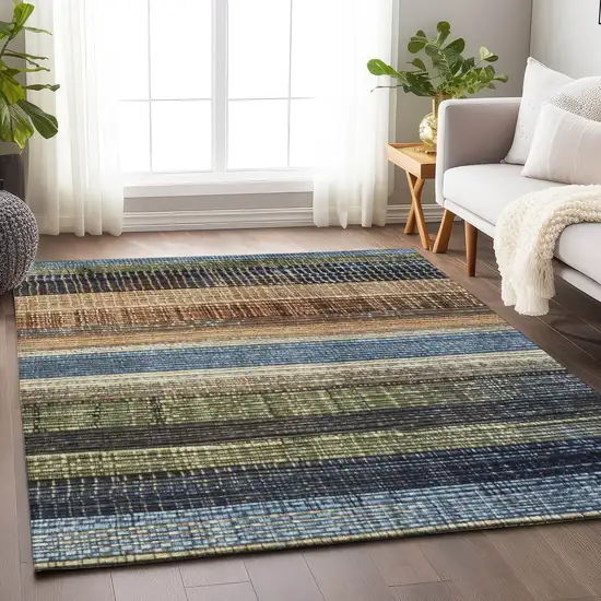 Blue And Brown Striped Washable Indoor Outdoor Area Rug Photo 5