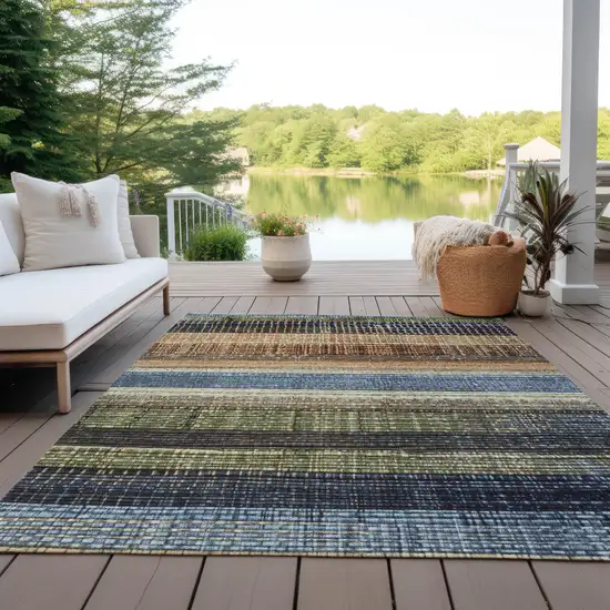 Blue And Brown Striped Washable Indoor Outdoor Area Rug Photo 4