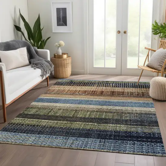 Blue And Brown Striped Washable Indoor Outdoor Area Rug Photo 6