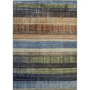 Photo of Blue And Brown Striped Washable Indoor Outdoor Area Rug
