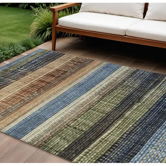 Blue And Brown Striped Washable Indoor Outdoor Area Rug Photo 2