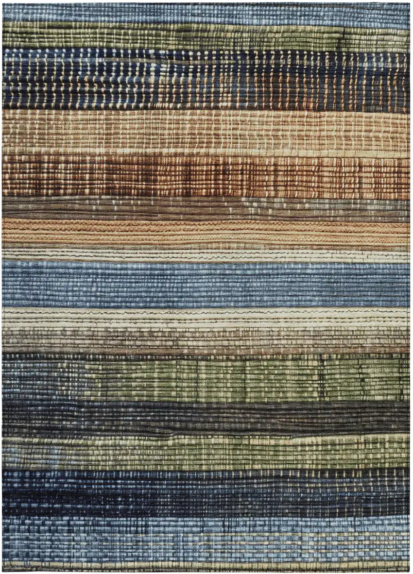 Blue And Brown Striped Washable Indoor Outdoor Area Rug Photo 1